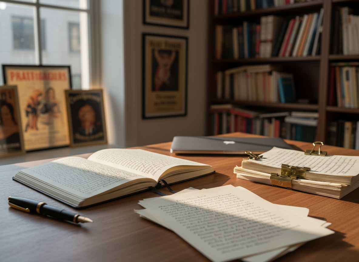 A meticulously arranged writing desk representing a professional atelier, centered around an open, cream-colored notebook filled with elegant, handwritten lines. Surrounding it are a matte black fountain pen with a gold nib, neatly stacked manuscript pages secured with brass clips, and a slim laptop partially closed. The desk is a warm walnut wood surface near a large window, with bookshelves and theater posters softly blurred in the background. Late afternoon natural light spills across the scene, creating gentle highlights on the paper and subtle shadows from the pen. Photographic realism, shot at eye level with a shallow depth of field, conveys a calm, focused atmosphere that feels both creative and polished, ideal for a writing services homepage hero image.