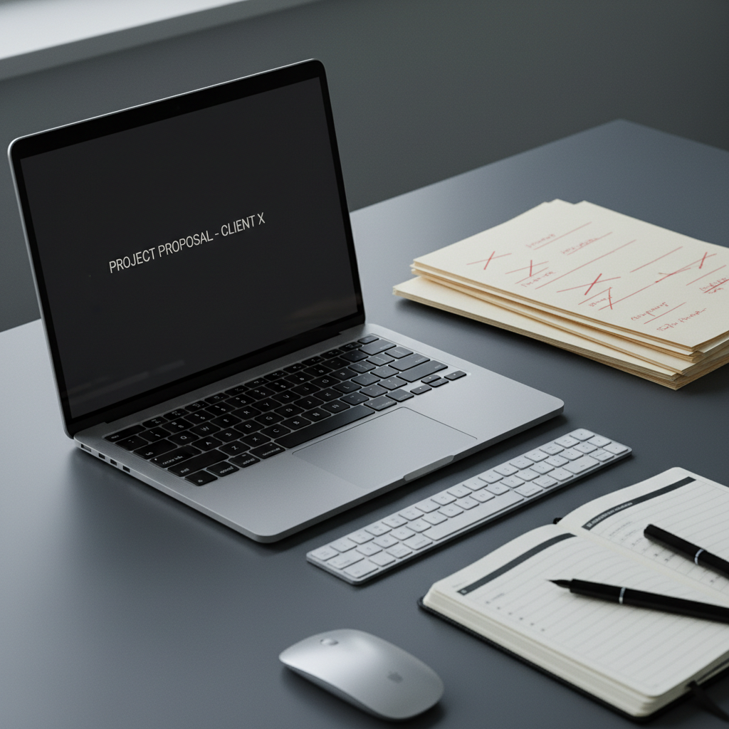A close-up, cinematic shot of a laptop displaying a clean, minimalist document on a dark mode screen, placed on a slate-gray desk beside a stack of printed copy marked with precise red-ink edits. A slim, metallic keyboard and a wireless mouse sit neatly aligned, and to the side, a small, modern notebook lies open with structured bullet points. Cool, indirect natural light from a nearby window illuminates the scene, creating a soft gradient across the desk surface and gentle reflections on the laptop’s edge. Photographic realism with a rule-of-thirds composition emphasizes clarity and attention to detail, capturing the mood of focused professional editing and copy refinement for business clients.