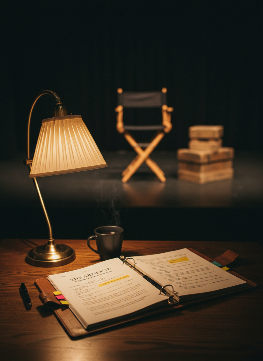 A sophisticated, theater-inspired writing workspace featuring a worn yet elegant script binder open to annotated pages on a dark oak table. Nearby, a vintage brass desk lamp with a fabric shade casts warm, focused light across highlighted passages and colored sticky tabs. In the softly blurred background, a hint of a black-box stage with an empty director’s chair and stacked prop boxes suggests a rehearsal space. The composition is photographed from a slightly elevated angle, with the script in sharp focus and the stage elements fading into creamy bokeh. The mood is contemplative and creative, blending the worlds of playwriting and professional copywriting in a cinematic, photographic style.