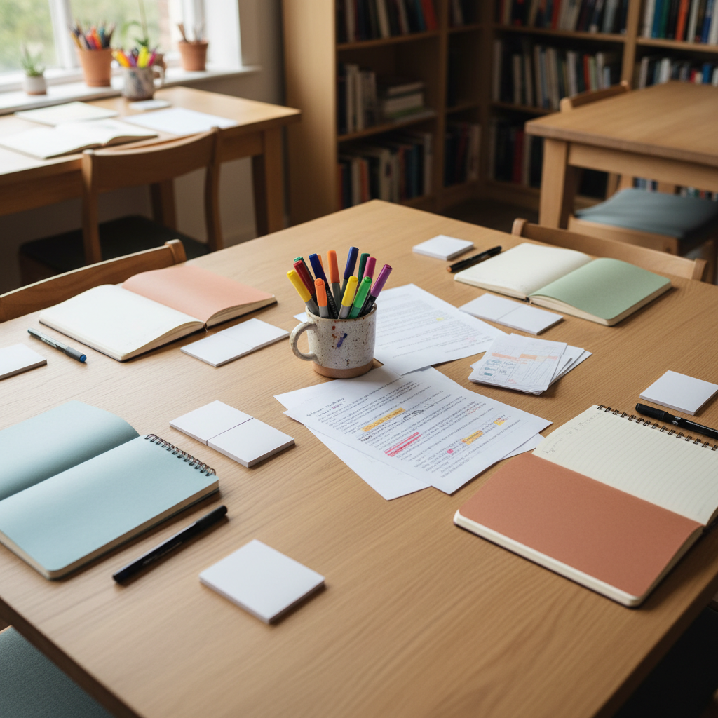 An inviting creative studio table set up for a writing workshop, viewed from above in sharp photographic detail. On a large, pale oak tabletop, several distinct writing stations are arranged: spiral-bound notebooks of different muted colors, uncapped gel pens, and neatly organized index cards. In the center sits a ceramic mug filled with assorted highlighters and fine-tip markers, next to a small stack of printed pages marked with thoughtful, colorful margin notes. Soft, diffused daylight from an unseen window brightens the workspace, while the background gently falls out of focus, suggesting additional tables and bookshelves. The atmosphere is collaborative yet orderly, conveying a professional, educational space for small group writing sessions without any visible people.