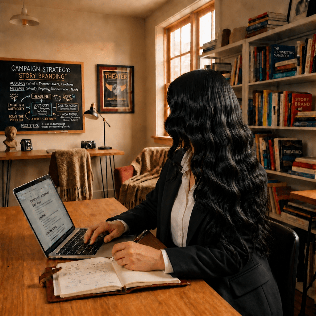 Smiling woman working on a laptop beside an open notebook in a studio